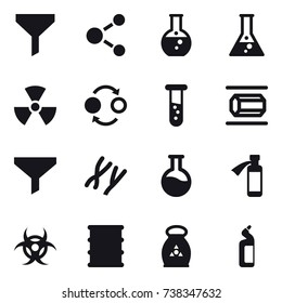 16 vector icon set : funnel, molecule, round flask, flask, nuclear, quantum bond, vial, nanotube, fertilizer, toilet cleanser