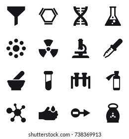 16 vector icon set : funnel, hex molecule, dna, flask, round around, nuclear, microscope, fertilizer