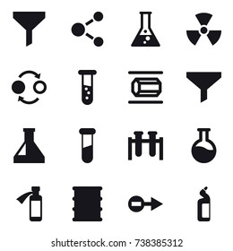 16 vector icon set : funnel, molecule, flask, nuclear, quantum bond, vial, nanotube, toilet cleanser