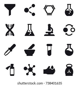 16 vector icon set : funnel, molecule, hex molecule, round flask, dna, flask, microscope, quantum bond, fertilizer