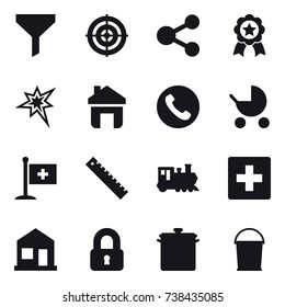 16 vector icon set : funnel, target, share, medal, bang, home, phone, baby stroller, ruler, train, first aid, locked, pan, bucket