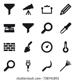 16 vector icon set : funnel, telescope, electrostatic, pencil, market scales, brick wall, construction, barometer, thermometer, handle scales, sickle, rake