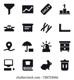 16 vector icon set : funnel, statistic, sale, pedestal, scales, atm receipt, ruler, alarm, nightstand, rabbit, trash bin