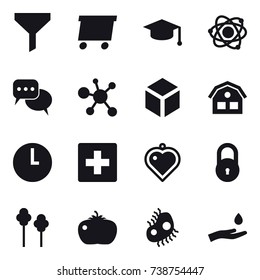 16 vector icon set : funnel, delivery, graduate hat, atom, discussion, 3d, house, first aid, heart pendant, trees, tomato, microb, hand and drop