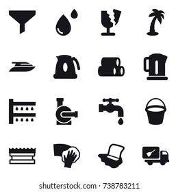 16 vector icon set : funnel, palm, yacht, kettle, watering, water pump, water tap, bucket, sponge, wiping, floor washing, home call cleaning