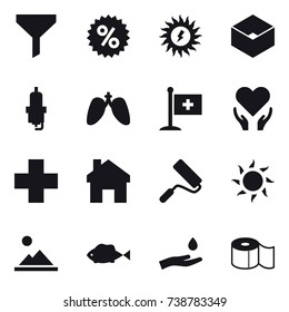 16 vector icon set : funnel, percent, sun power, box, spark plug, home, repair, sun, landscape, hand and drop, toilet paper