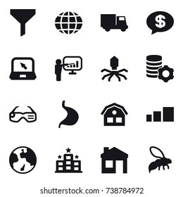 16 vector icon set : funnel, globe, truck, money message, notebook, presentation, virus, virtual mining, smart glasses, house, earth, hotel, wasp