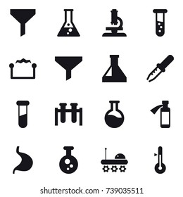 16 vector icon set : funnel, flask, microscope, vial, electrostatic, thermometer