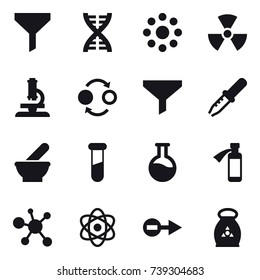 16 vector icon set : funnel, dna, round around, nuclear, microscope, quantum bond, fertilizer