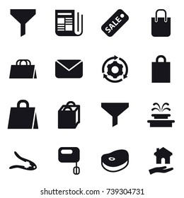 16 vector icon set : funnel, newspaper, sale, shopping bag, mail, around gear, fountain, walnut crack, housing