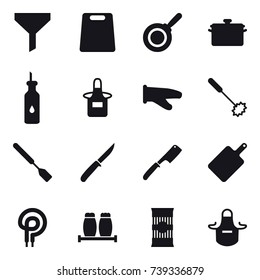 16 vector icon set : funnel, cutting board, pan, apron, cook glove, whisk, spatula, knife, chef knife