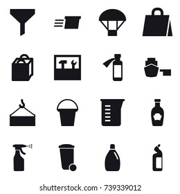 16 vector icon set : funnel, delivery, parachute, shopping bag, tools, bucket, measuring cup, sprayer, trash bin, cleanser, toilet cleanser