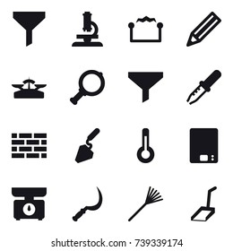 16 vector icon set : funnel, microscope, electrostatic, pencil, scales, magnifier, brick wall, construction, thermometer, kitchen scales, sickle, rake, scoop