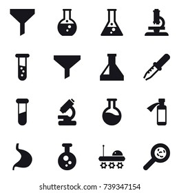 16 vector icon set : funnel, round flask, flask, microscope, vial, viruses