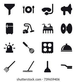 16 vector icon set : funnel, cafe, diving mask, loudspeaker, fridge, vacuum cleaner, whisk, fork, rake, plunger, brush