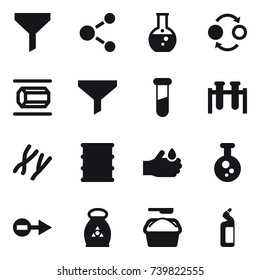 16 vector icon set : funnel, molecule, round flask, quantum bond, nanotube, fertilizer, washing powder, toilet cleanser