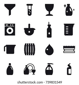16 vector icon set : funnel, vial, wineglass, cleanser, washing machine, measuring cup, barrel, drop, sponge, dish cleanser, liquid soap, toilet cleanser