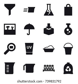 16 vector icon set : funnel, delivery, flask, shopping bag, tools, uv cream, washing, bucket, measuring cup, garbage bag
