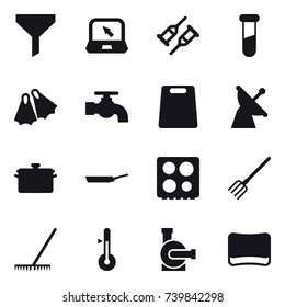 16 vector icon set : funnel, notebook, flippers, water tap, cutting board, pan, fork, rake, thermometer, water pump, sponge