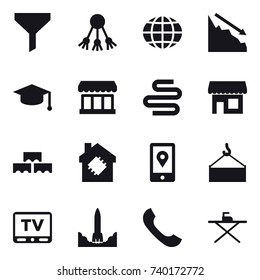 16 vector icon set : funnel, share, globe, crisis, graduate hat, market, shop, block wall, smart house, tv, iron board