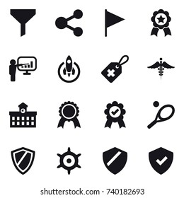 16 vector icon set : funnel, share, flag, medal, presentation, rocket, university, tennis, shield, handwheel