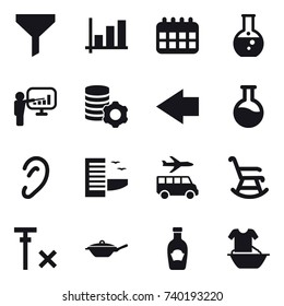 16 vector icon set : funnel, graph, calendar, round flask, presentation, virtual mining, left arrow, hotel, transfer, rocking chair, pan, handle washing