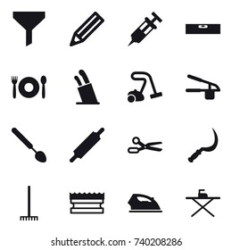 16 vector icon set : funnel, pencil, level, cafe, stands for knives, vacuum cleaner, garlic clasp, big spoon, rolling pin, scissors, sickle, rake, sponge, iron, iron board