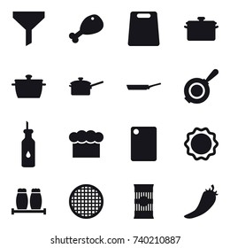 16 vector icon set : funnel, chicken leg, cutting board, pan, saute pan, chef  hat, hot pepper