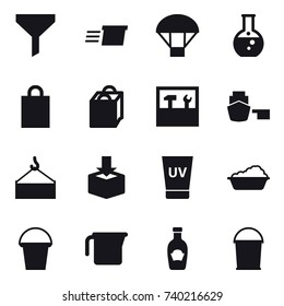 16 vector icon set : funnel, delivery, parachute, round flask, shopping bag, tools, uv cream, washing, bucket, measuring cup