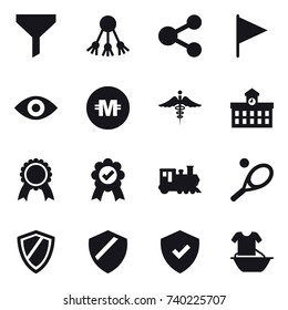 16 vector icon set : funnel, share, flag, eye, crypto currency, university, medal, train, tennis, shield, handle washing