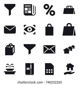 16 vector icon set : funnel, newspaper, percent, shopping bag, mail, eye identity, houses, fountain, fridge, housing