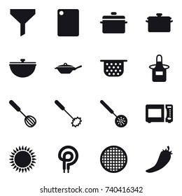 16 vector icon set : funnel, cutting board, pan, cauldron, colander, apron, whisk, skimmer, hot pepper