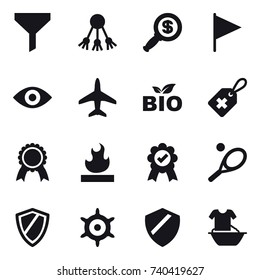 16 vector icon set : funnel, share, dollar magnifier, flag, eye, plane, bio, medal, tennis, shield, handwheel, handle washing