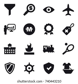 16 vector icon set : funnel, dollar magnifier, eye, plane, presentation, crypto currency, medal, university, train, tennis, shield, handwheel, handle washing