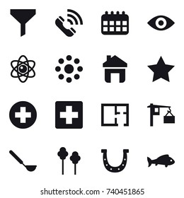 16 vector icon set : funnel, call, calendar, eye, atom, round around, home, star, plan, ladle, trees, horseshoe, fish