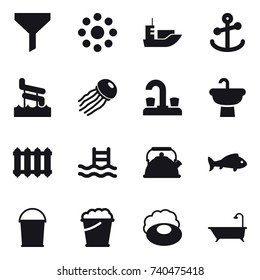 16 vector icon set : funnel, round around, aquapark, jellyfish, water tap, radiator, pool, kettle, fish, bucket, foam bucket, soap, bath