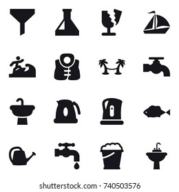 16 vector icon set : funnel, sail boat, surfer, life vest, palm hammock, water tap, kettle, watering can, foam bucket, water tap sink