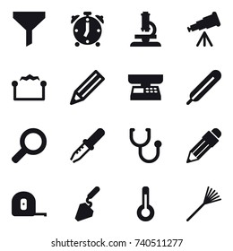 16 vector icon set : funnel, alarm clock, microscope, telescope, electrostatic, pencil, market scales, measuring tape, construction, thermometer, rake