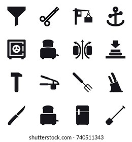 16 vector icon set : funnel, safe, toaster, garlic clasp, big fork, knife holder, knife, shovel