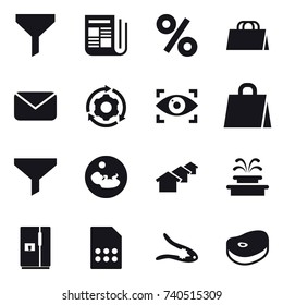16 vector icon set : funnel, newspaper, percent, shopping bag, mail, around gear, eye identity, houses, fountain, fridge, walnut crack