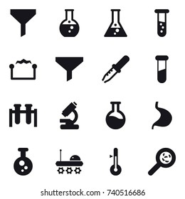 16 vector icon set : funnel, round flask, flask, vial, electrostatic, thermometer, viruses