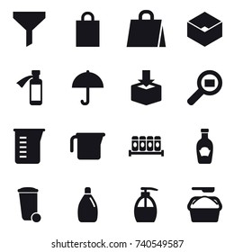 16 vector icon set : funnel, shopping bag, box, measuring cup, trash bin, cleanser, liquid soap, washing powder