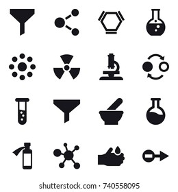 16 vector icon set : funnel, molecule, hex molecule, round flask, round around, nuclear, microscope, quantum bond, vial