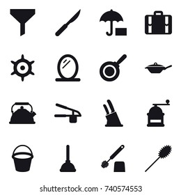 16 vector icon set : funnel, suitcase, handwheel, mirror, pan, kettle, garlic clasp, knife holder, hand mill, bucket, plunger, toilet brush, duster