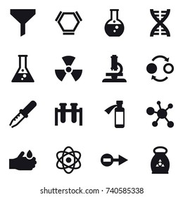 16 vector icon set : funnel, hex molecule, round flask, dna, flask, nuclear, microscope, quantum bond, fertilizer