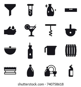 16 vector icon set : funnel, vial, cleanser, level, cocktail, corkscrew, cauldron, measuring cup, barrel, sponge, dish cleanser, toilet cleanser