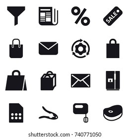 16 vector icon set : funnel, newspaper, percent, sale, shopping bag, mail, around gear, fridge, walnut crack