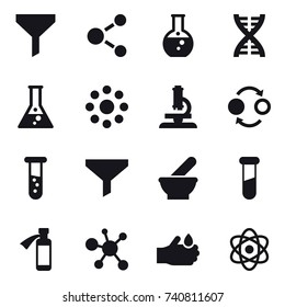16 vector icon set : funnel, molecule, round flask, dna, flask, round around, microscope, quantum bond, vial