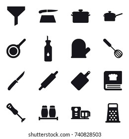 16 vector icon set : funnel, cutting board, pan, saute pan, cook glove, whisk, knife, rolling pin