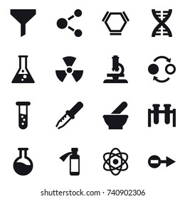 16 vector icon set : funnel, molecule, hex molecule, dna, flask, nuclear, microscope, quantum bond, vial